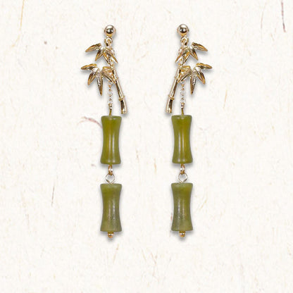 Mythstone 925 Sterling Silver Posts Copper Plated Gold Natural Peridot Bamboo Leaf Drop Earrings