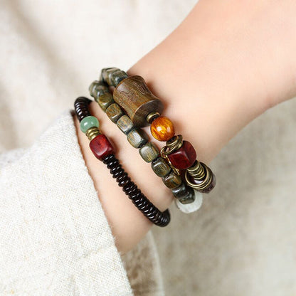 Mythstone Green Sandalwood Ebony Om Mani Padme Hum Engraved Peace Triple Wrap Bracelet