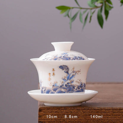 Mythstone White Porcelain Mountain Landscape Countryside Ceramic Gaiwan Teacup Kung Fu Tea Cup And Saucer With Lid