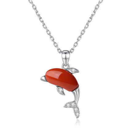 Mythstone 925 Sterling Silver Cute Dolphin Hetian Jade Red Agate Luck Necklace Pendant Ring Earrings Set