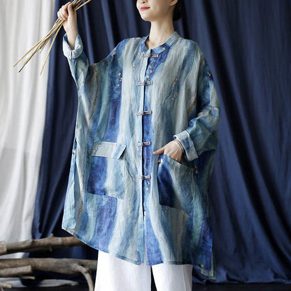 Mythstone Blue White Beige Small Flower Frog-button Design Long Sleeve Ramie Linen Jacket Shirt With Pockets