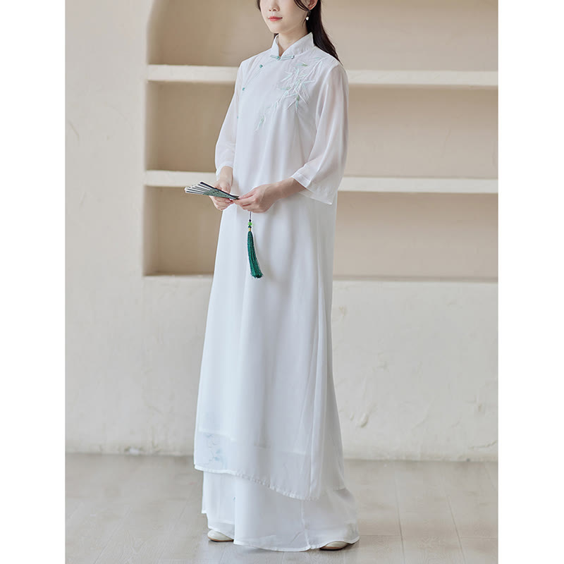 Mythstone Bamboo Cheongsam Dress Midi Dress Wide Leg Pants Meditation Spiritual Zen Practice Clothing