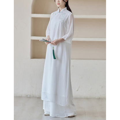 Mythstone Bamboo Cheongsam Dress Midi Dress Wide Leg Pants Meditation Spiritual Zen Practice Clothing