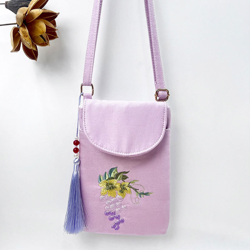 Mythstone Small Embroidered Flowers Crossbody Bag Shoulder Bag Double Layer Cellphone Bag