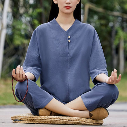 Mythstone 2Pcs Shirt Top Pants Meditation Zen Tai Chi Cotton Linen Clothing Women's Set