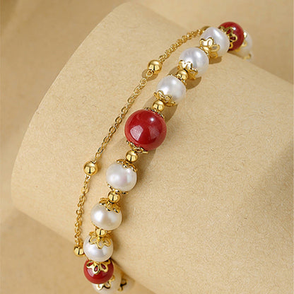 Mythstone 925 Sterling Silver Pearl Cinnabar Wisdom Bead Double Layer Chain Bracelet