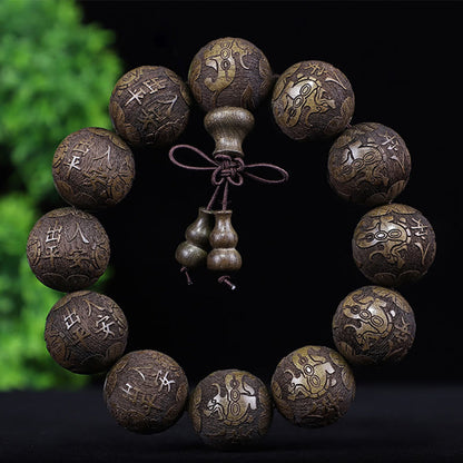 Mythstone Chinese Zodiac Rosewood Ebony Boxwood Copper Coin PiXiu Carved Warmth Bracelet