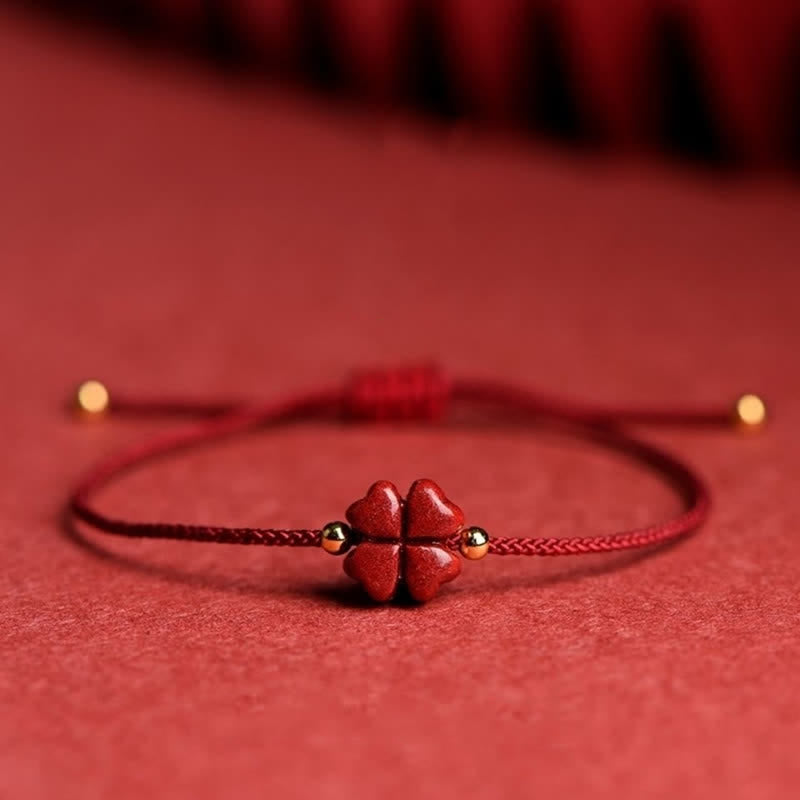 Mythstone Natural Cinnabar Four Leaf Clover Blessing Red String Bracelet Anklet