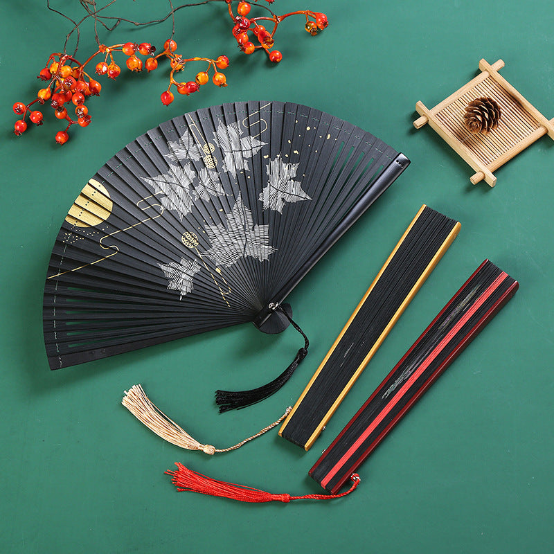 Mythstone Vintage Cloud Crane Maple Leaf Pattern Handheld Bamboo Folding Fan