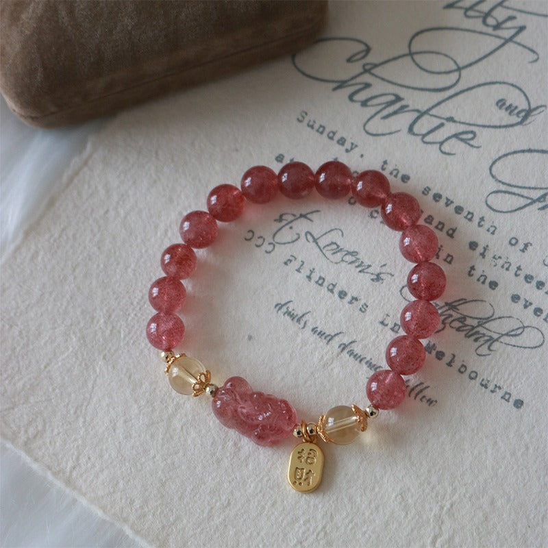 Mythstone Natural Strawberry Quartz Peach Blossom PiXiu Attract Fortune Healing Bracelet