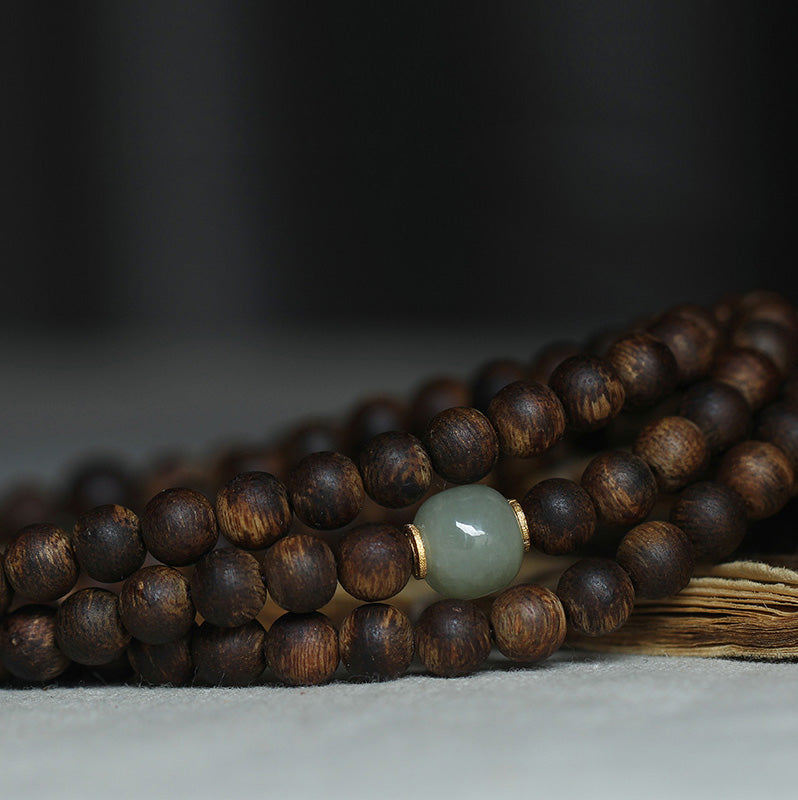 108 Mala Beads Nha Trang Bai Qinan Agarwood Jade 999 Gold Peace Bracelet