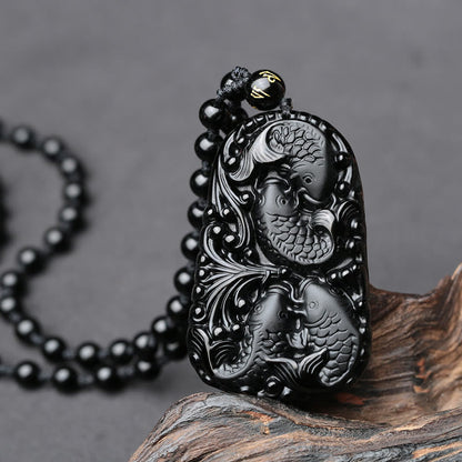 Mythstone Black Obsidian Koi Fish Engraved Strength Beaded Necklace Pendant