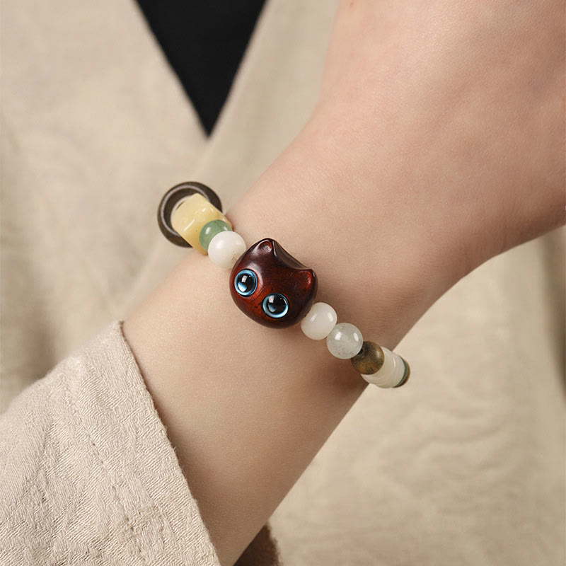 Pulsera de la paz con garra y cabeza de gato y hoja pequeña de sándalo rojo y madera de ébano con semilla de Bodhi y piedra mitológica