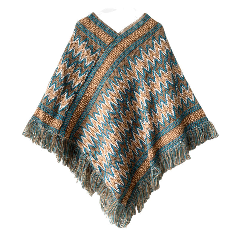 Mythstone Tibetan Shawl Striped Knitted Tassels Pullover Winter Cozy Travel Scarf Wrap