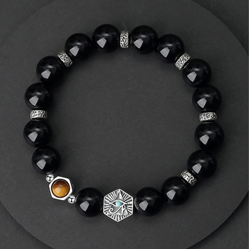 Pulsera de purificación con ojo de tigre y obsidiana negra de plata de ley 925 Mythstone