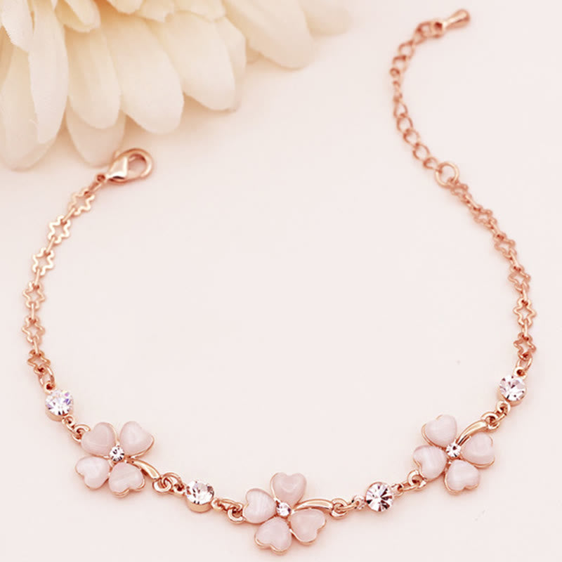 MythStone Pink Crystal Four Leaf Clover Love Chain Bracelet