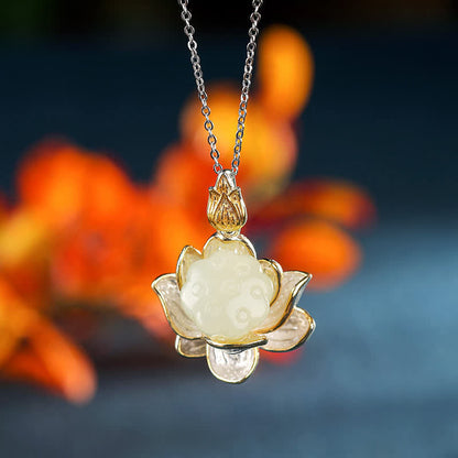 Mythstone White Jade Lotus Flower Happiness Necklace