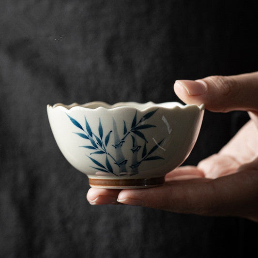 Mythstone Small Blue Bamboo Leaves Ceramic Teacup Kung Fu Tea Cup Bowl