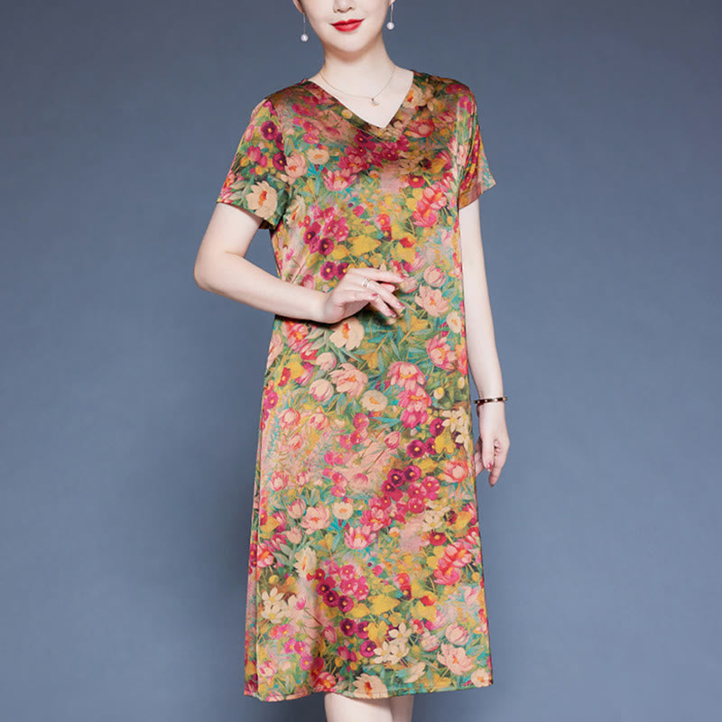 Mythstone V-Neck Green Red Peony Colorful Flowers Short Sleeve Midi Dress With Pockets