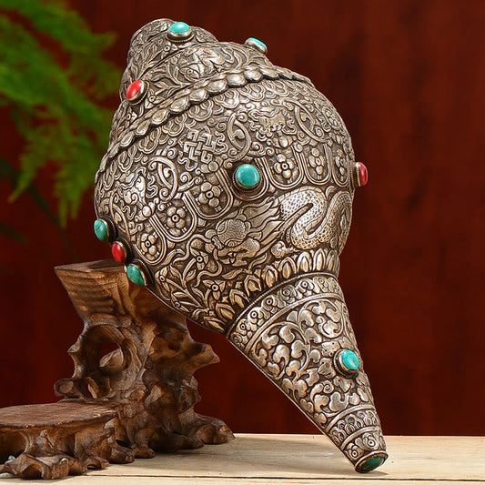 Mythstone Tibetan Handmade Natural Shankha Engraved Eight Auspicious Symbols Conch Shell Lucky Home Decoration