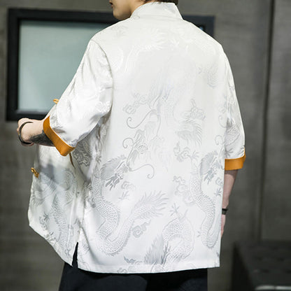 Mythstone Frog-Button Chinese Dragon Embroidery Half Sleeve Shirt Linen Men Clothing