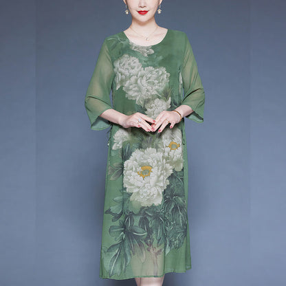 Mythstone Peony Flowers Print Three Quarter Sleeve Midi Dress