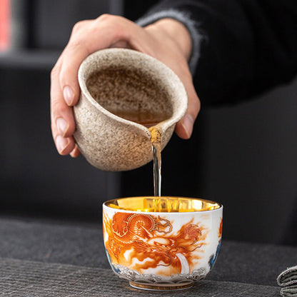 Mythstone Dragon Phoenix Crane Sun Ocean Waves Gilt Ceramic Teacup Kung Fu Tea Cup 170ml