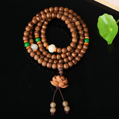 Mythstone 108 Mala Beads Peach Wood Bodhi Seed Lotus Prayer Meditation Bracelet