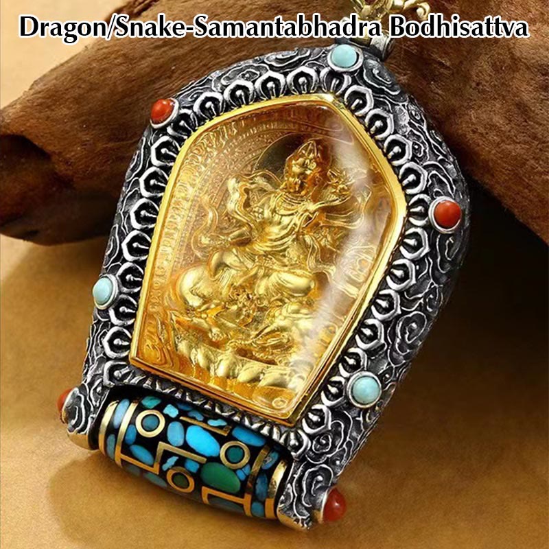 Mythstone Tibet Chinese Zodiac Natal Buddha Thangka Prosperity Rotatable Dzi Bead Necklace Pendant