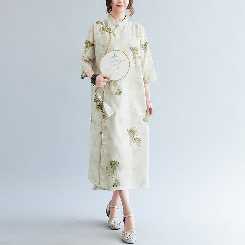 Mythstone Flowers Green Yellow Leaves Print Cheongsam Midi Dress Three Quarter Sleeve Dress With Pockets