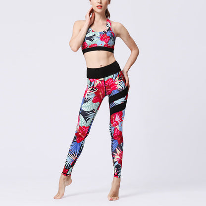 Mythstone 2Pcs Sunflower Flowers Leaves Print Top Pants Sports Fitness Yoga Women's Yoga Sets