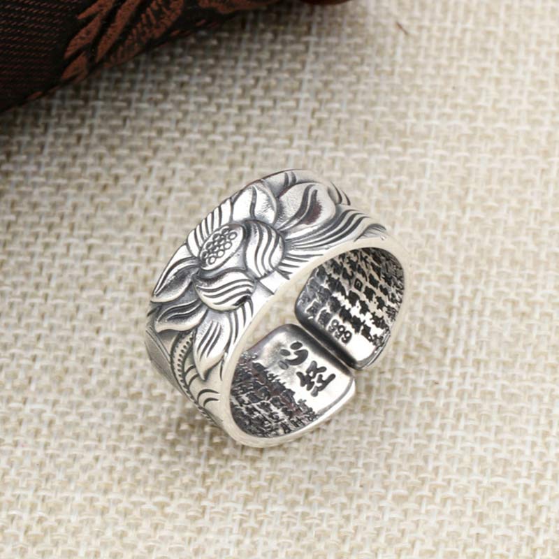 Mythstone 999 Sterling Silver Lotus Symbol Heart Sutra Protection Ring