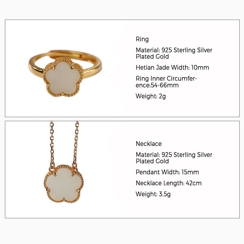 Mythstone 925 Sterling Silver Plated Gold Natural Hetian Jade Flower Luck Necklace Pendant Ring Set