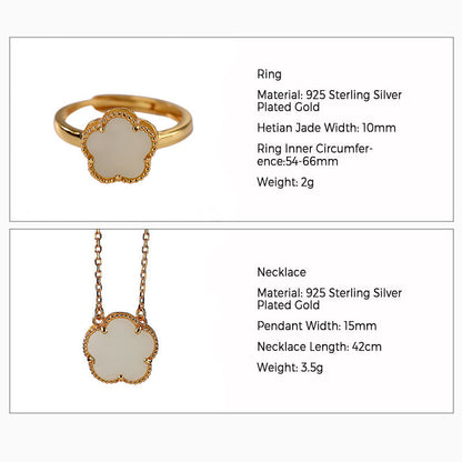 Mythstone 925 Sterling Silver Plated Gold Natural Hetian Jade Flower Luck Necklace Pendant Ring Set