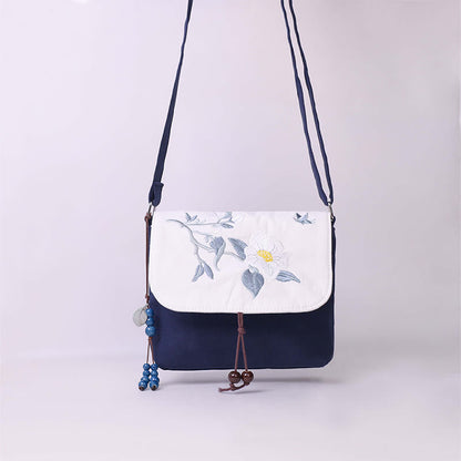 Bolso bandolera con bordado de camelia, epifilo, gardenia y flores de cerezo de Mythstone, bolso de hombro, bolso para teléfono móvil