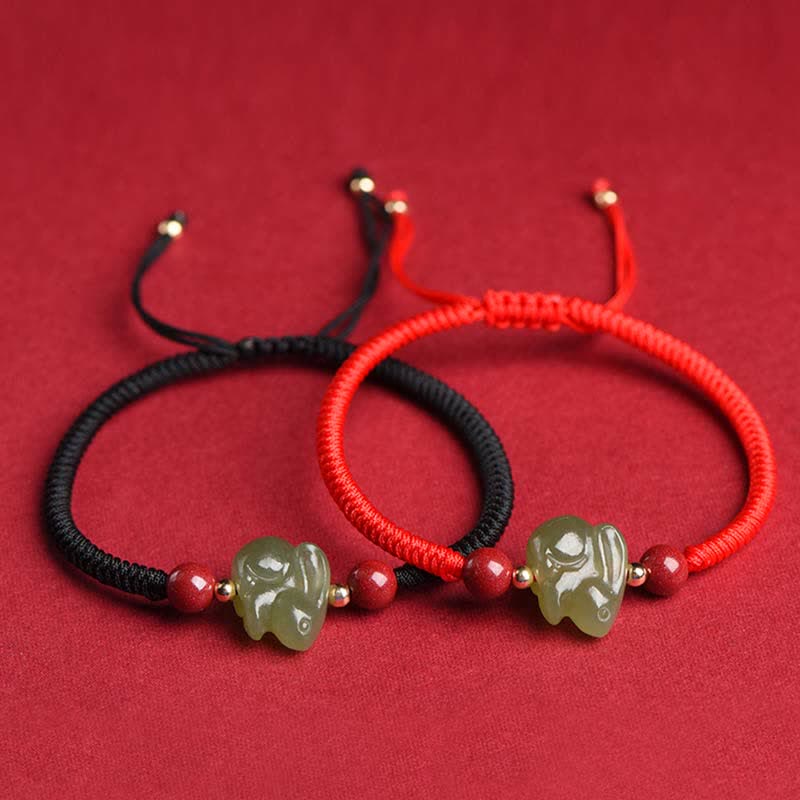 Pulsera de hilo de cuentas de cinabrio con forma de conejo de jade hetiano del año del conejo