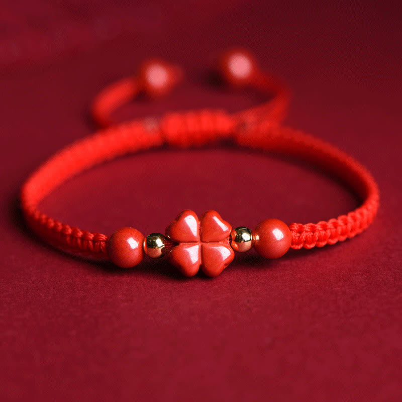 Mythstone Four Leaf Clover Five-petal Flower Cinnabar Blessing Red String Bracelet