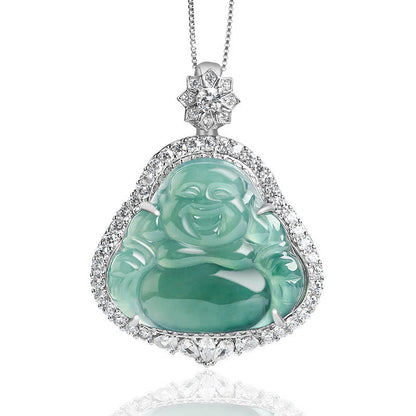 Mythstone 925 Sterling Silver Laughing Buddha Natural Jade Luck Abundance Chain Necklace Pendant