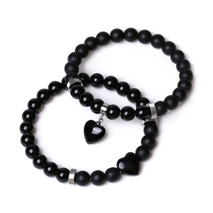 Mythstone 2Pcs Black Onyx Crystal Stone Love Heart Protection Support Couple Bracelet