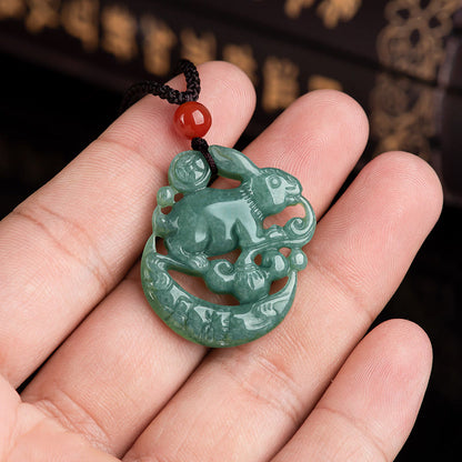 Year of the Rabbit Jade Luck Crescent Mooon Necklace Pendant