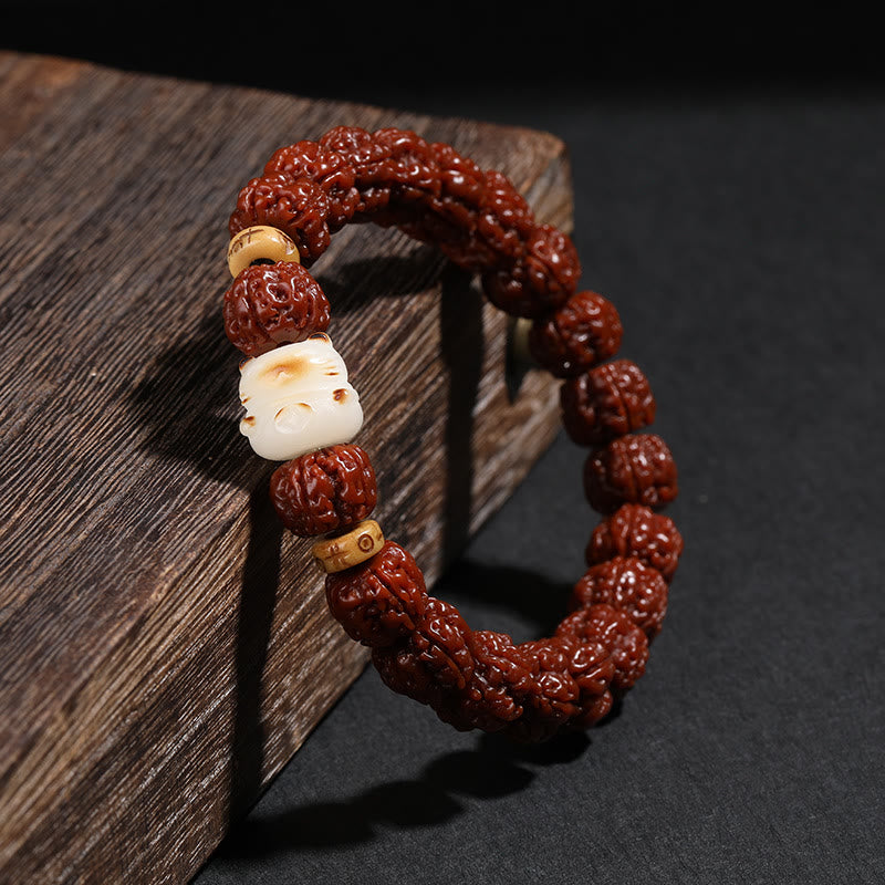 Mythstone Tibet Rudraksha Bodhi Seed Dzi Bead Lucky Cat Dancing Lion Wealth Bracelet Wrist Mala