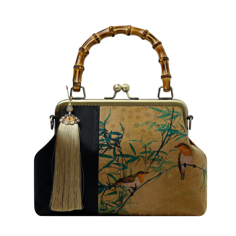 Mythstone Leaves Bird Branches Persimmon Flowers Bamboo Handles Handbag