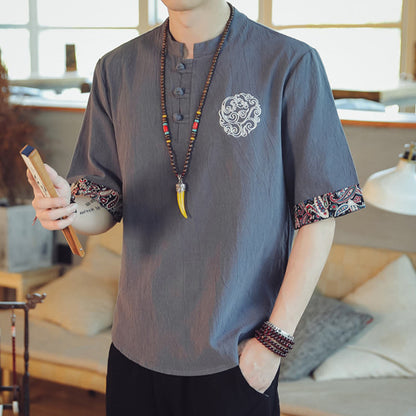 Mythstone Frog-Button Dragon Embroidery Chinese Tang Suit Short Sleeve Shirt Linen Men Clothing