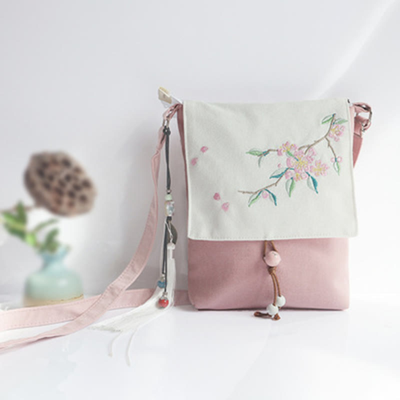 Mythstone Handmade Embroidered Plum Flowers Canvas Crossbody Bag Shoulder Bag Handbag