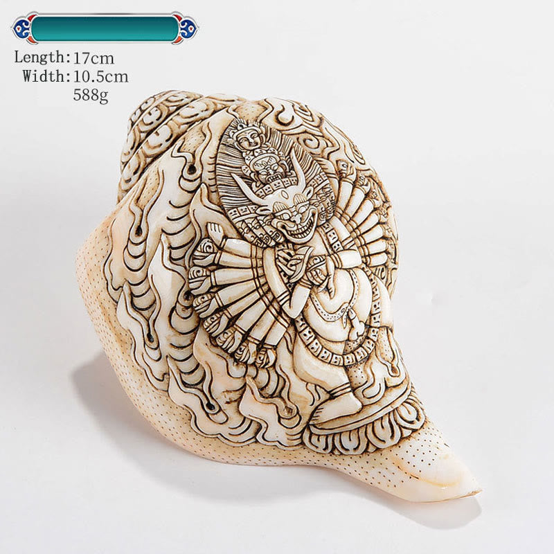 Mythstone Tibetan Handmade Engraved Shankha Buddha Avalokitesvara Conch Shell Wealth Decoration