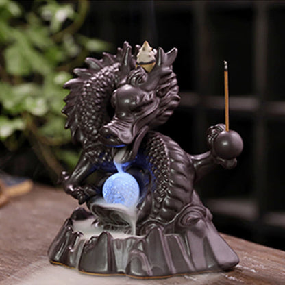 Mythstone Auspicious Dragon Ceramic Backflow Smoke Fountain Meditation Healing Incense Burner Led Ball Decoration