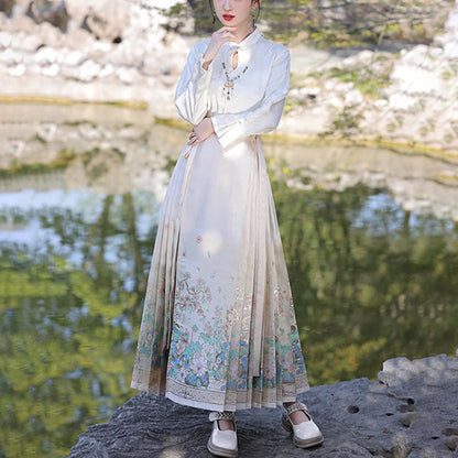 Mythstone Beige Summer Lotus Flowers Pond Printed Chinese Hanfu Horse Face Skirt Mamianqun