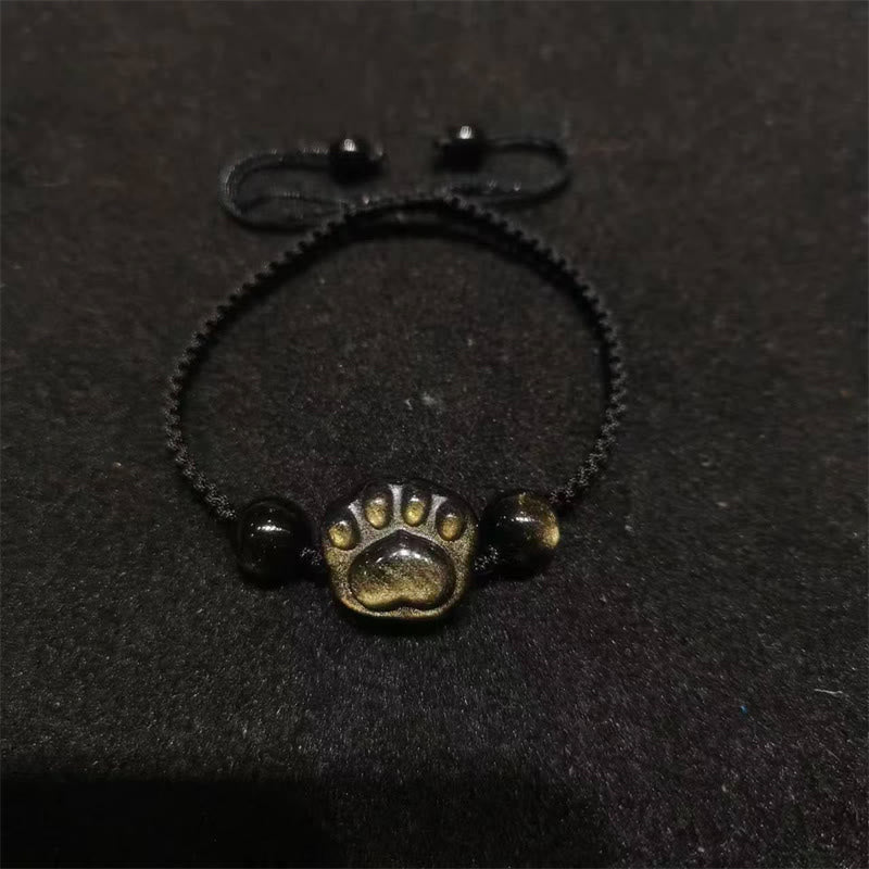 Mythstone Natural Silver Sheen Obsidian Gold Sheen Obsidian Cute Cat Paw Claw Protection Rope Bracelet