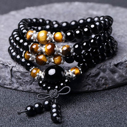 MythStone 108 Beads Natural Black Obsidian Tiger Eye Mala Bracelet