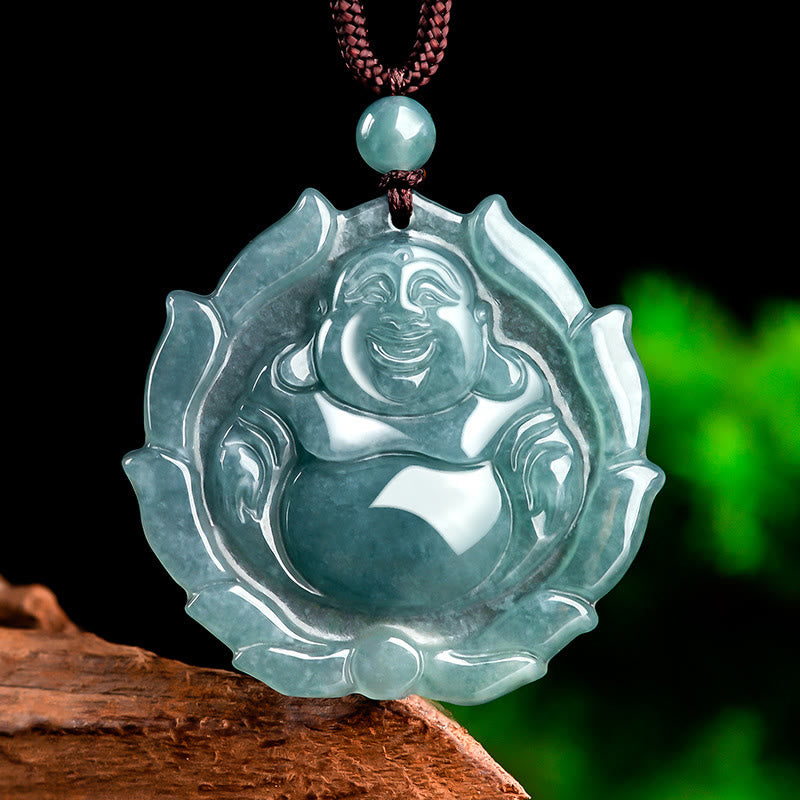 Colgante de collar con diseño de Buda sonriente de jade natural y loto de Mythstone